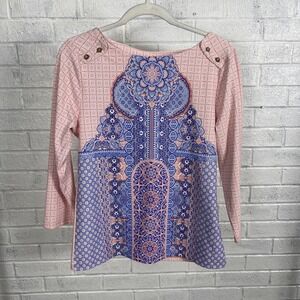 Cabana Life UPF Tunic Top Womens Size L Blue Pink Mediterranean Tile Resort